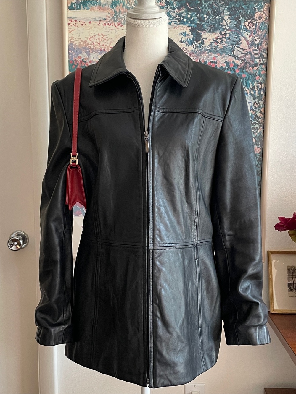 Nine West Leather Jacket Womens Large Black Genuine Leather 90s Biker Streetwear